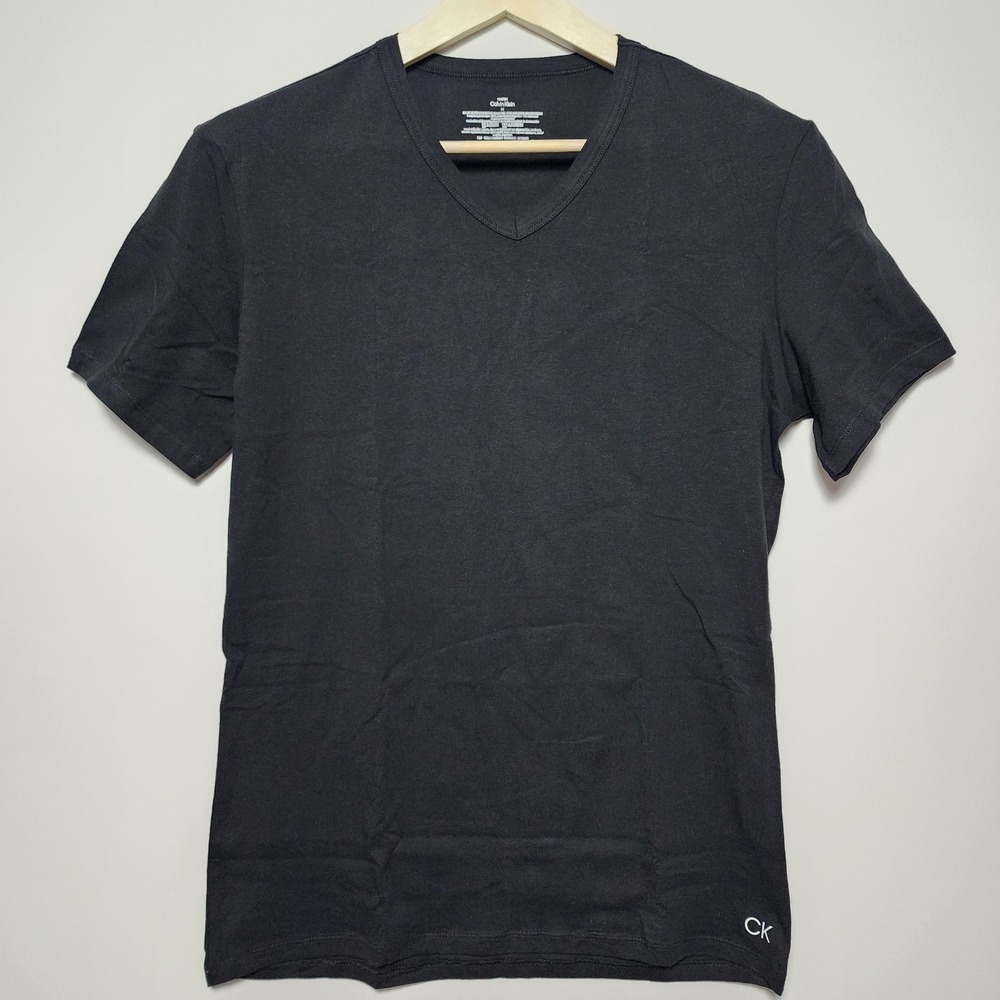 Calvin Klein V-Neck Short Sleeve Solid Logo Tee Shirt Black Medium